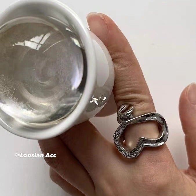 Ins Style Design Texture Ring French Retro Asymmetrical Heart-Shaped Ring Silver Personalized Elegant Ring - Image 4